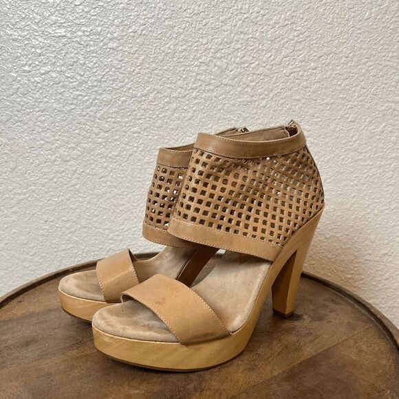 Loeffler Randal Tan Leather Woven Wooden Platform Sandals Women's Size 10 - Picture 1 of 8